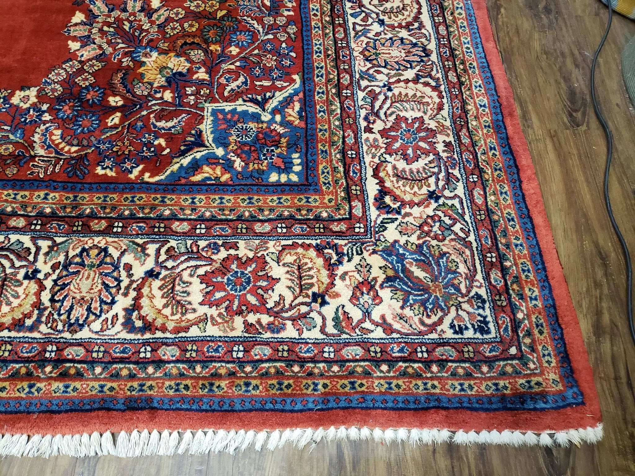 Semi Antique Persian Sarouk Rug 9x12, Semi Open Field with Central Medallion, Hand Knotted Wool, Tomato Red, 9 x 12 Authentic Oriental Carpet by Jewel Rugs