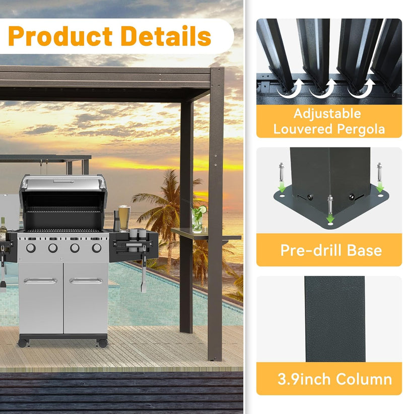 8x5 Ft Grill Louvered Pergola with Adjustable Roof and Built-in Gutter by HouseOfZazla