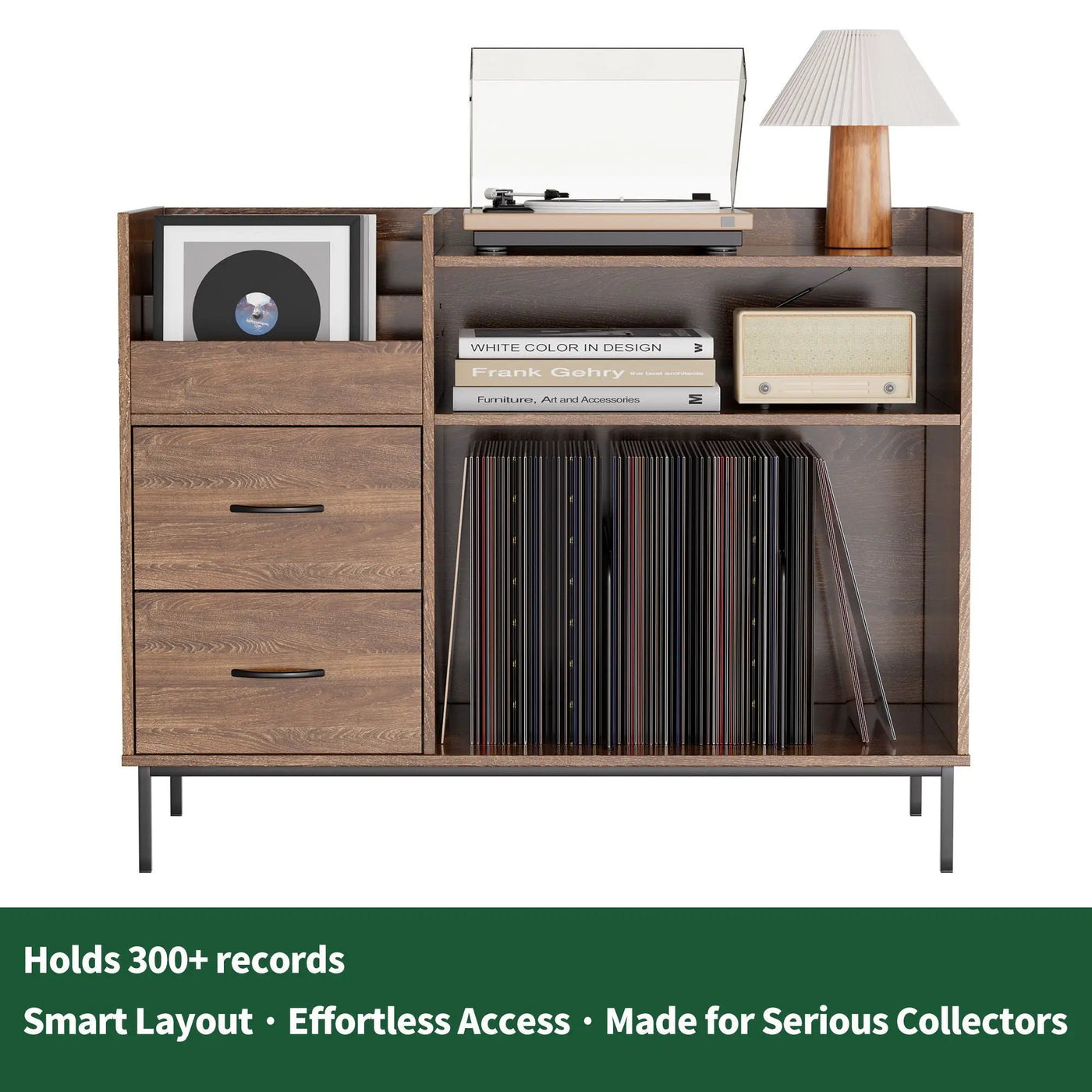 Eco-Friendly Vinyl Record Player Stand With Flip-Top Storage, Media Console With Dual Outlets And Dustproof Drawers by HouseOfZazla