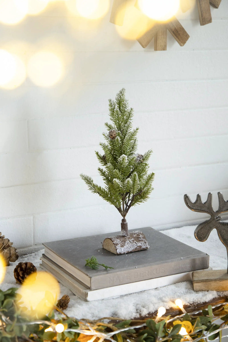 Set of 2, 13.5" Christmas PVC Tree On Wood Base With Snow by HouseOfZazla