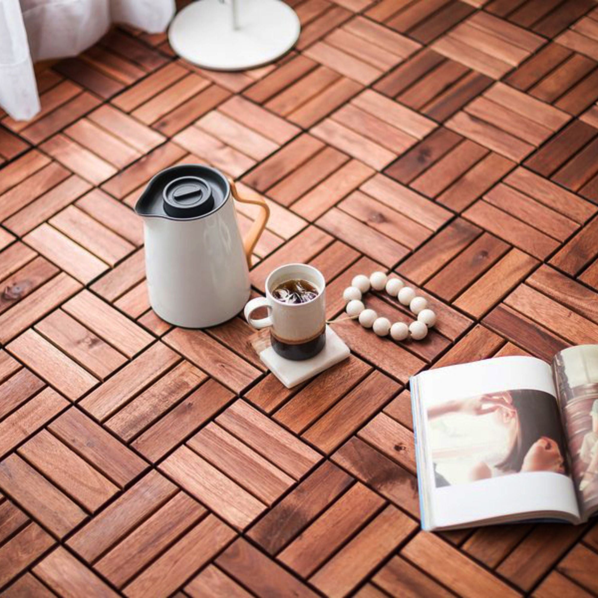 Interlocking Deck Tiles Checker Pattern, Square Acacia Hardwood Outdoor Flooring For Patio, Bancony, Pool Side by HouseOfZazla