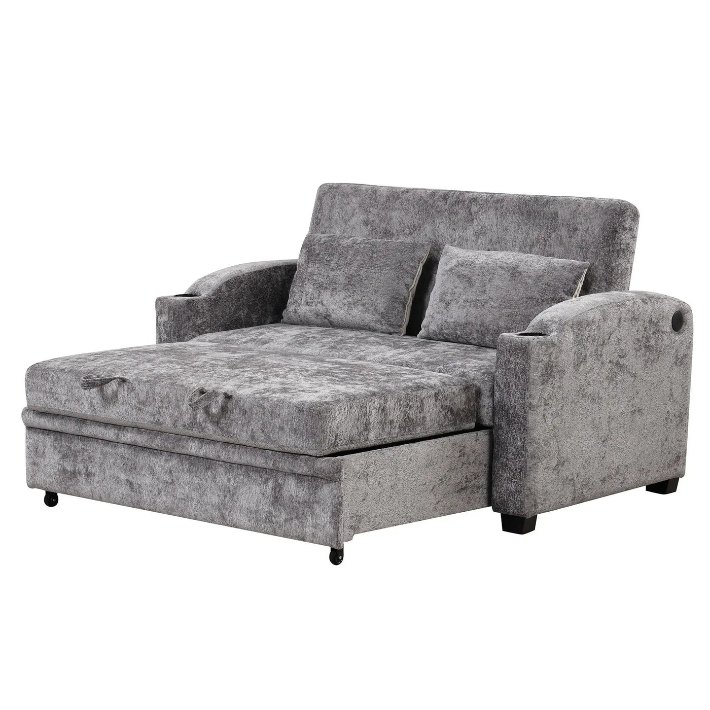 Pull Out Loveseat Sofa With Adjsutable Backrest, 2 Pillows, Cup Holders, USB Ports For Living Room by HouseOfZazla