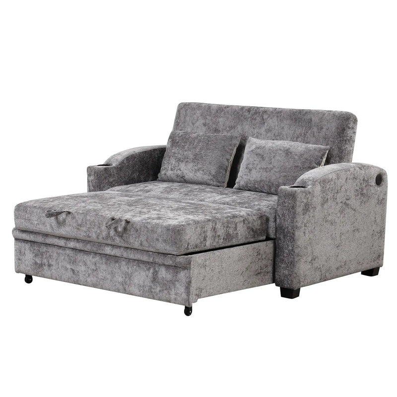 Pull Out Loveseat Sofa With Adjsutable Backrest, 2 Pillows, Cup Holders, USB Ports For Living Room by HouseOfZazla