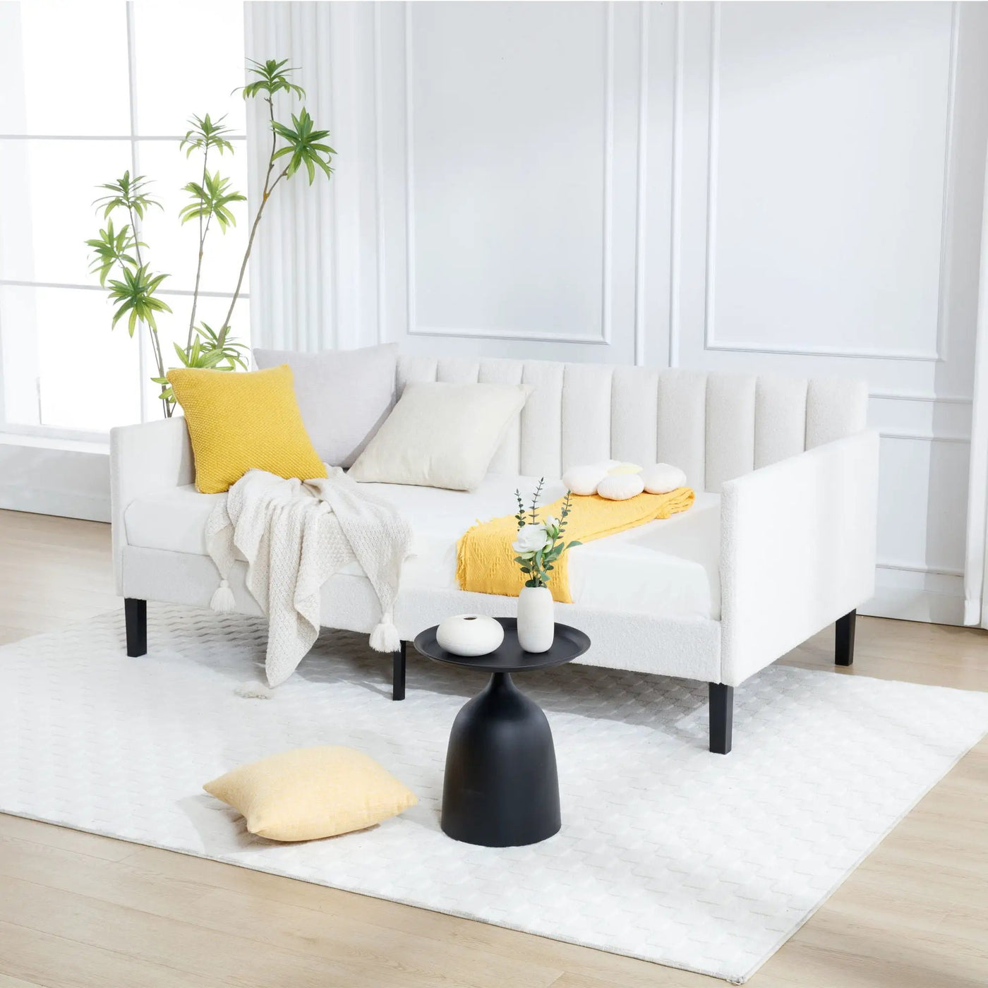 Elena - Boucle Upholstered Daybed, Ribbed Tufted Backrest by HouseOfZazla
