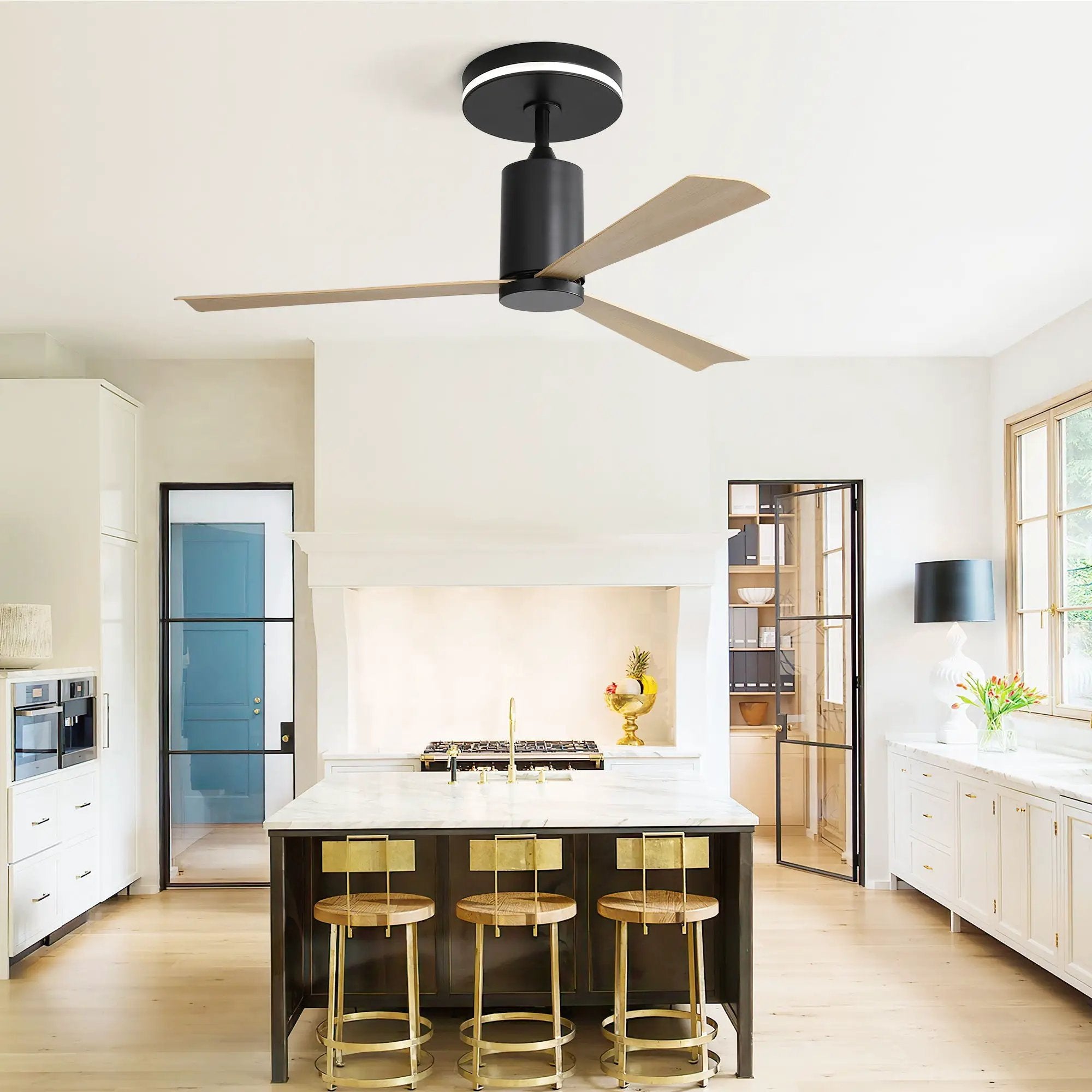Modern Flush Mount Ceiling Fan With Led Light And Remote Control, 3 ABS Blades Noiseless Reversible Dc Motor For Patio Living Room - Matte Black by HouseOfZazla
