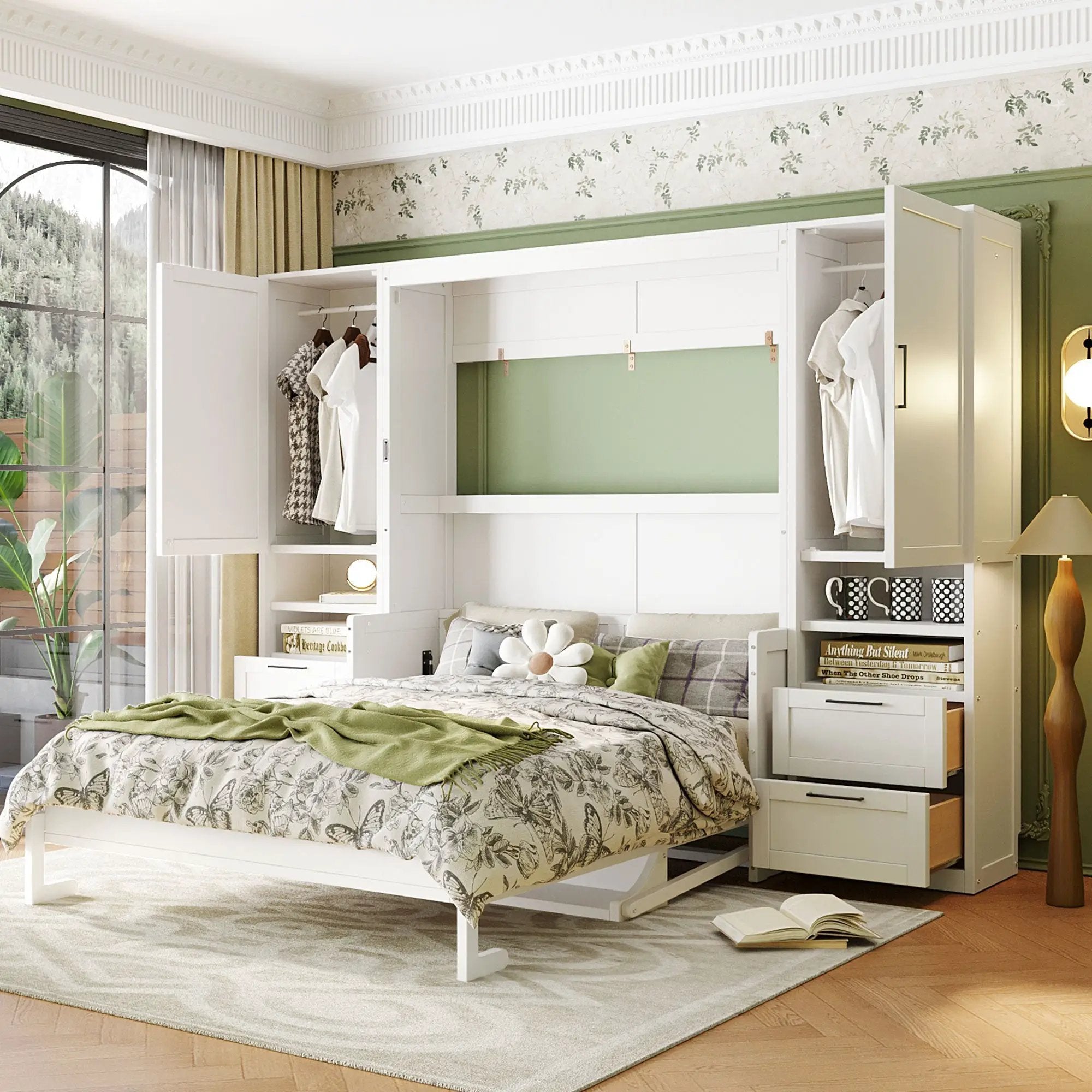 Queen Size Murphy Bed Wall Bed with Closet, Drawers and Shelves, White by HouseOfZazla