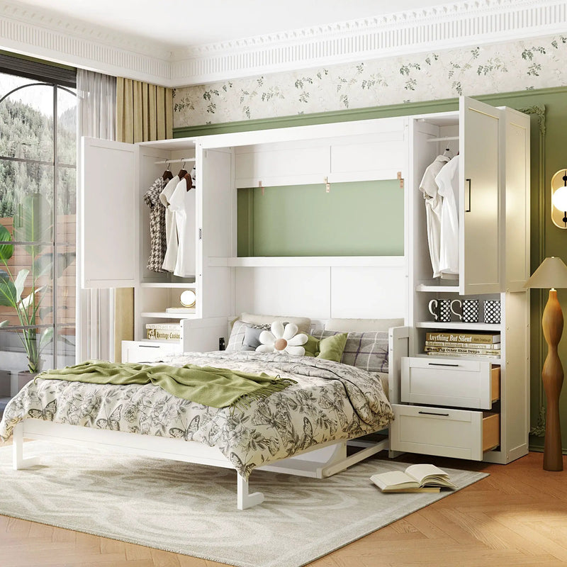 Queen Size Murphy Bed Wall Bed with Closet, Drawers and Shelves, White by HouseOfZazla