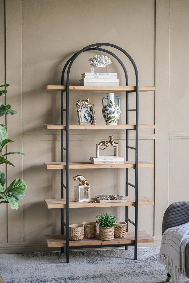 Tall Arched Wood and Iron Display Shelf with Striking Design