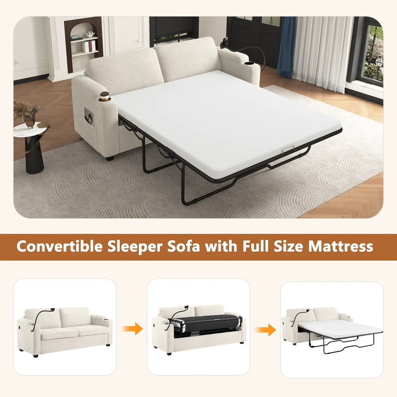Sleeper Sofa Loveseat Sofa With Full Size Mattress, 2 USB Ports, 2 Cup Holders, 2 Side Pockets And Phone Holder by HouseOfZazla