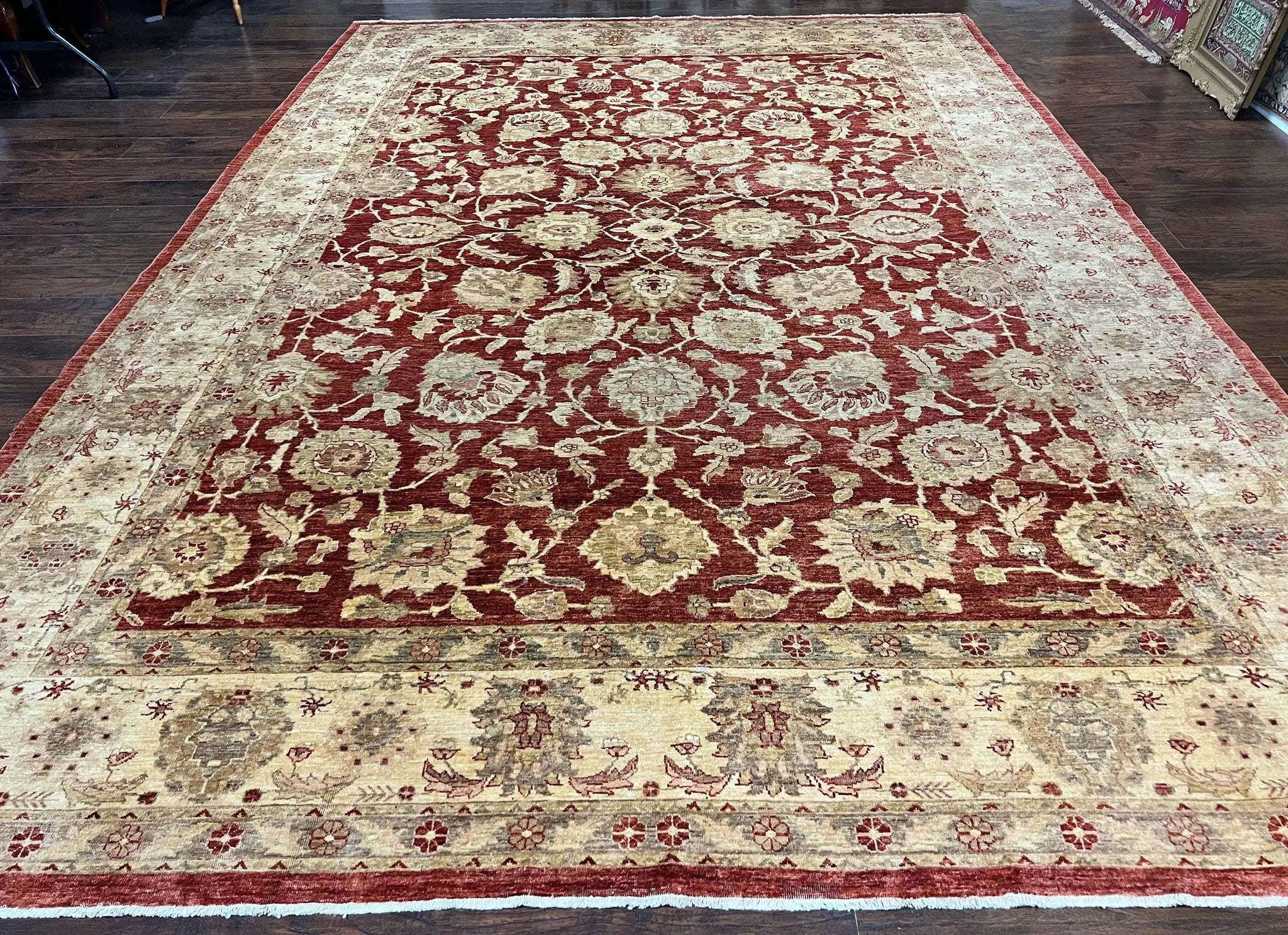 Pak Persian Rug 10x14, Sultanabad Mahal Peshawar Chobi Carpet, Large Vintage Wool Oriental Rug, Maroon & Beige, Floral Allover, Handmade by Jewel Rugs