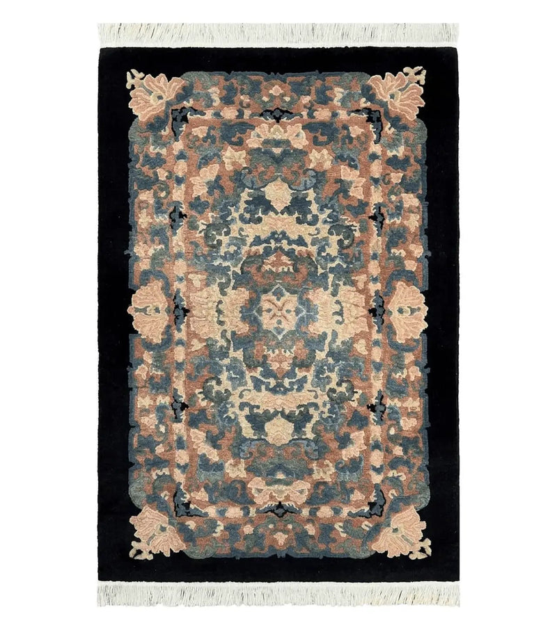 Chinese Art Deco Rug 3x5, Black and Beige Chinese Carpet 3 x 5, Vintage Rug, 1950s Rug, Floral Rug, Handmade Rug, Art Deco Rug, Wool Rug by Jewel Rugs