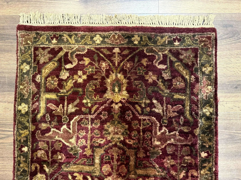 Indo Persian Runner Rug 2.7 x 13.8, Maroon, Wool, Handmade Indian Rug for Hallway by Jewel Rugs