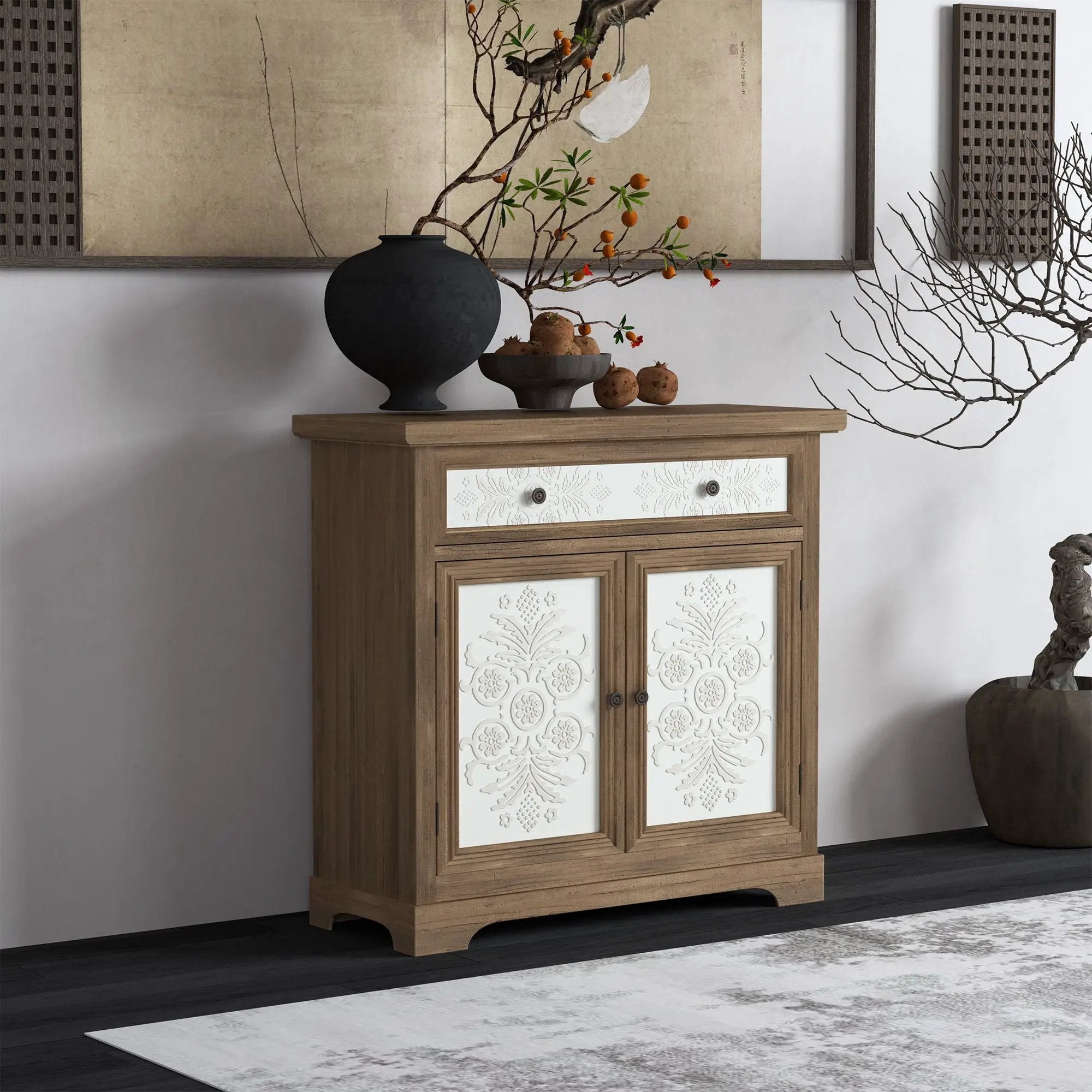 Accent Cabinet With Carved Floral Panels, Sideboard With Drawer And Double Doors - Antique Brown / White by Unique Piece Furniture