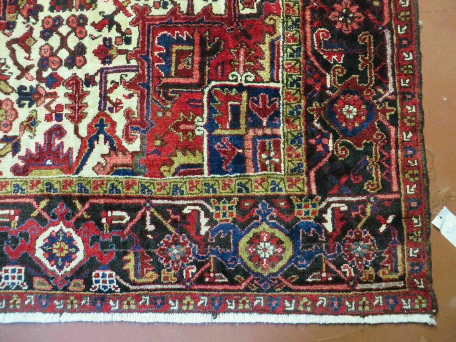 Wonderful Persian Heriz Rug 8.6 x 11, Geometric Heriz Carpet, Semi Antique Decorative Area Rug, Red Ivory Dark Blue Handmade Wool Room Sized by Jewel Rugs