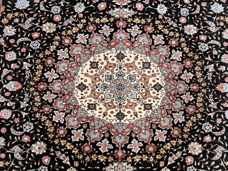 Marvelous Persian Tabriz Rug 7x10 ft, Super Fine 50 Raj, 300+ KPSI, Black and Rust Red, Floral Medallion Handmade Wool Oriental Carpet, Top Quality by Jewel Rugs