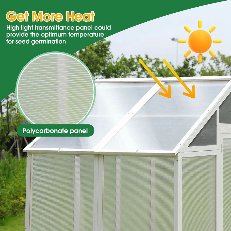 Greenhouse, Wooden Greenhouse Polycarbonate Garden Shed For Plants, Walk-In Outdoor Plant Gardening Greenhouse For Patio Backyard Lawn, Grow House With Front Entry Door - White / Gray by HouseOfZazla