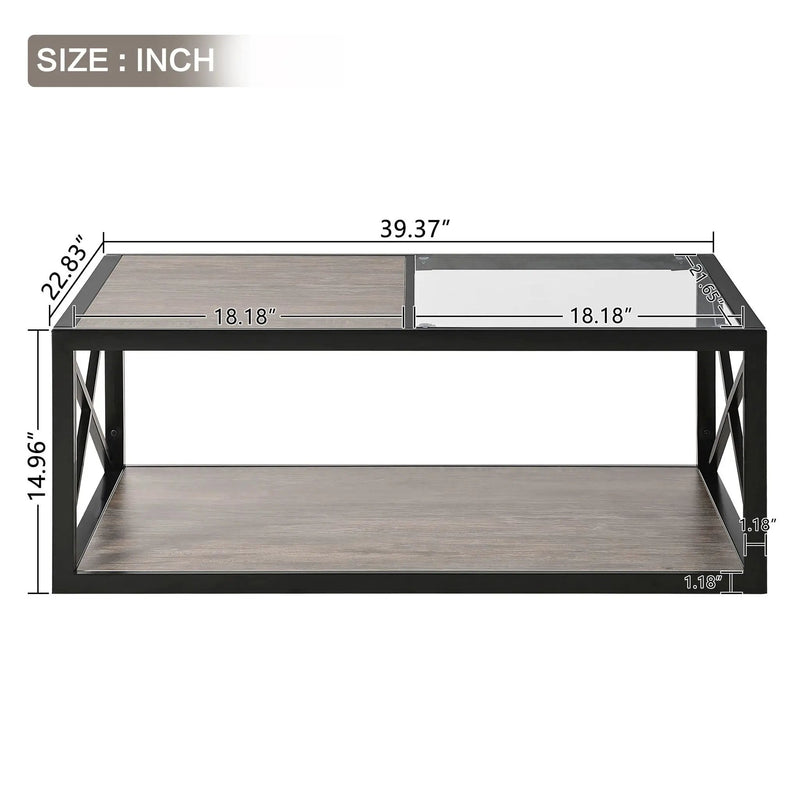 Industrial Style Coffee Table For Bedroom & Living Room With Tempered Glass & Wood Grain - Wood by Unique Piece Furniture