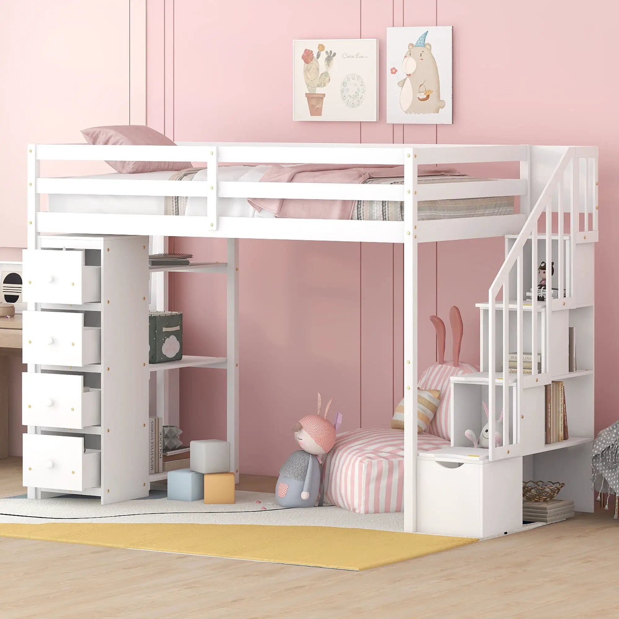 Loft Bed With Storage Drawers And Stairs With Shelves by Unique Piece Furniture