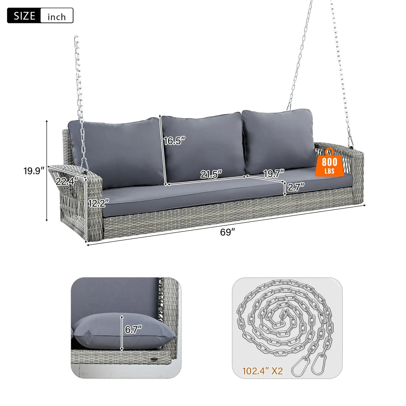 3 Person Large Patio Swing Bench With Cushions For Backyard by Unique Piece Furniture