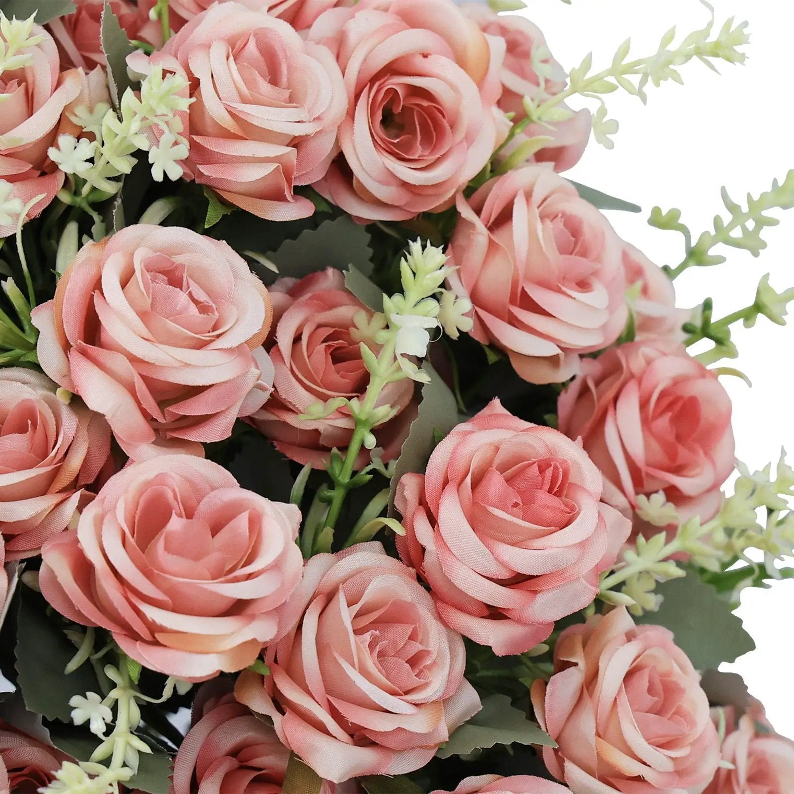 Artificial Rose Decoration With UV Resistant Silk Petals, Durable Stems In Cement Pot, Indoor Outdoor Potted Floral Arrangement - Green / Pink by HouseOfZazla
