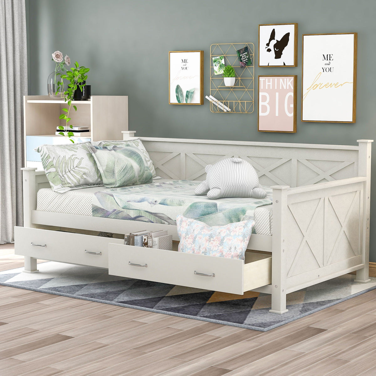 Modern Daybed with 2 Large Drawers and X Shaped Frame - Twin, Dark Gray or White, photo 17 of 28