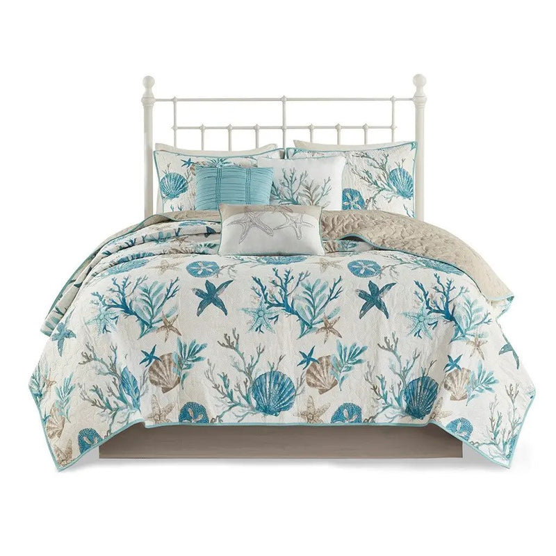 6 Piece Cotton Sateen Quilt Set with Throw Pillows Aqua Full/Queen by HouseOfZazla