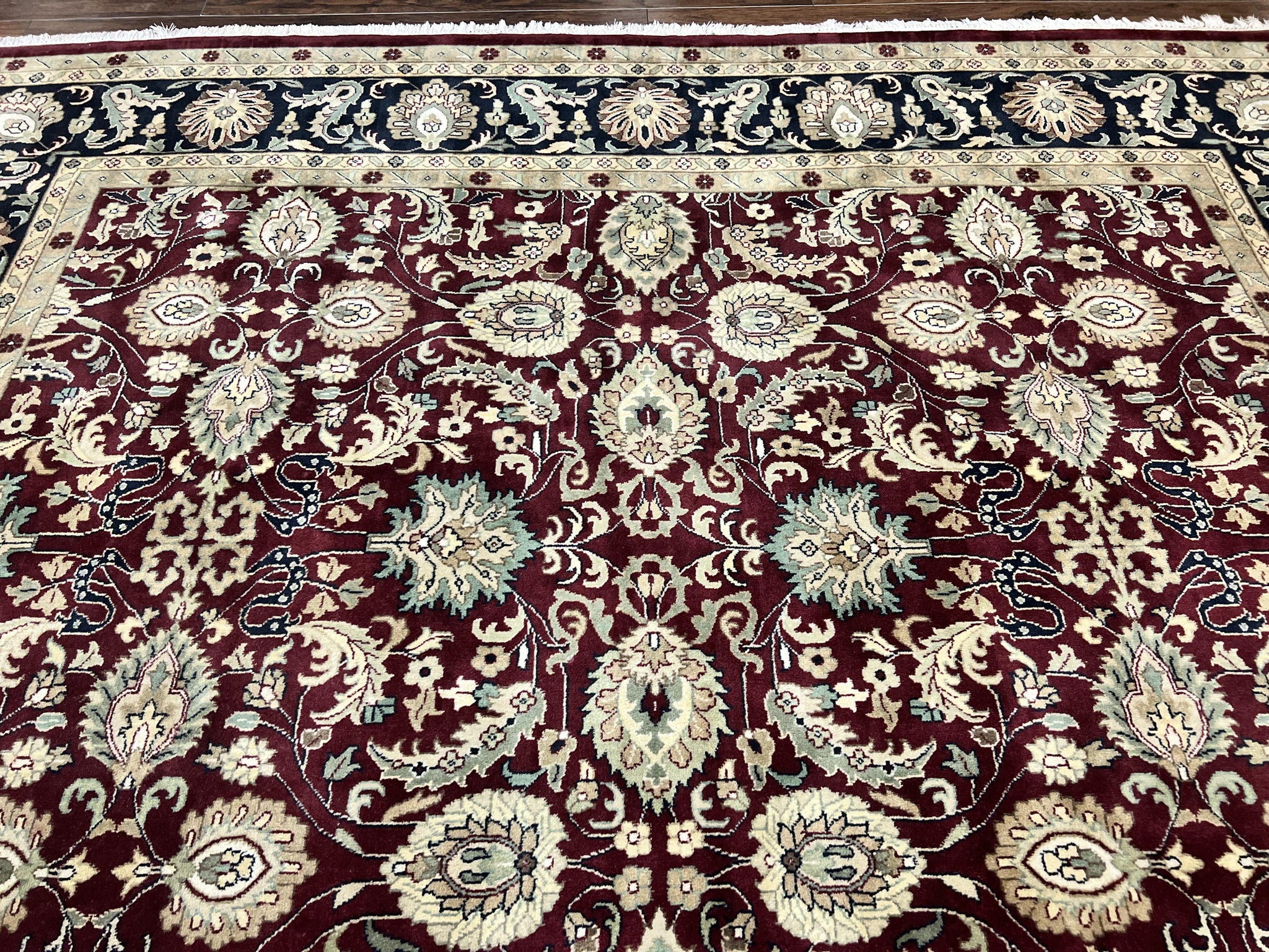 Indo Persian Rug 10x14, Floral Allover, Maroon, Handmade Hand Knotted VIntage Wool Rug, Large Oriental Carpet by Jewel Rugs
