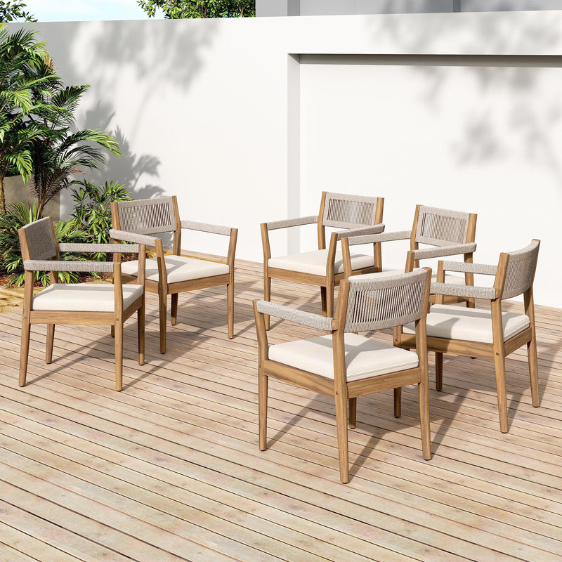 Braided Acacia Wood Outdoor Dining Chairs Set of 4 – Teak Look with Beige Rope & Cream Cushions by HouseOfZazla