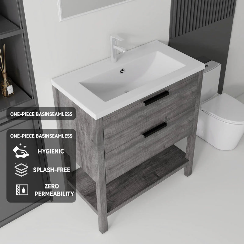 36 Inch Freestanding Bathroom Vanity with Sink, Soft-Close Drawer, Ceramic Sink, Plywood by HouseOfZazla