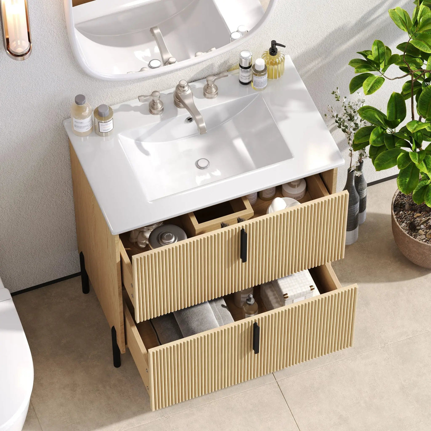 Bathroom Vanity With Ceramic Sink, Fluted Design by HouseOfZazla