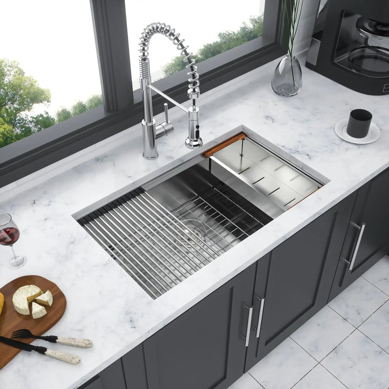 Premium Single Bowl Undermount Workstation Kitchen Sink With Accessories, Finish, 16 Gauge Stainless Steel - Black by HouseOfZazla
