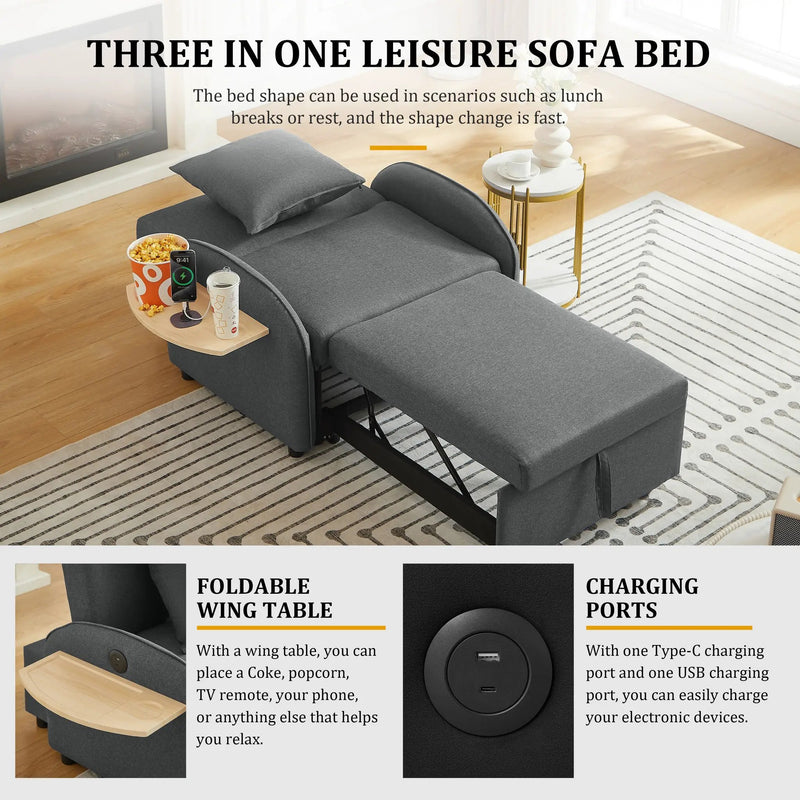 Sleeper Sofa Chair Bed, 3-In-1 Convertible with Adjustable Backrest & Foldable Table by HouseOfZazla