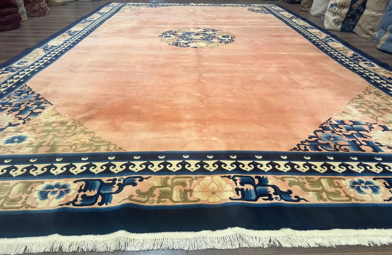 Chinese Wool Rug 11x18, Palace Sized Chinese Carpet, Peking Rug, Peach and Blue, Open Field, Simple Design, Art Deco Rug, Large Handmade Rug by Jewel Rugs