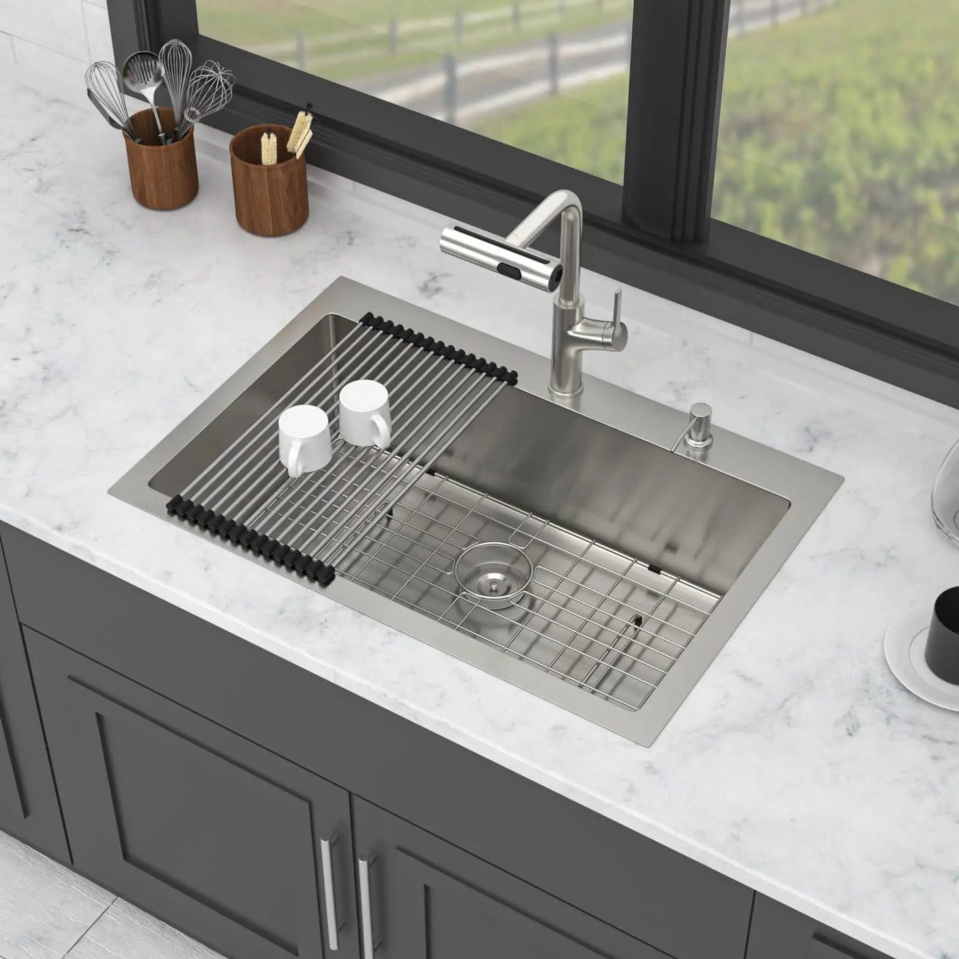 Drop-In Kitchen Sink With Pull-Out Faucet And Soap Dispenser by HouseOfZazla