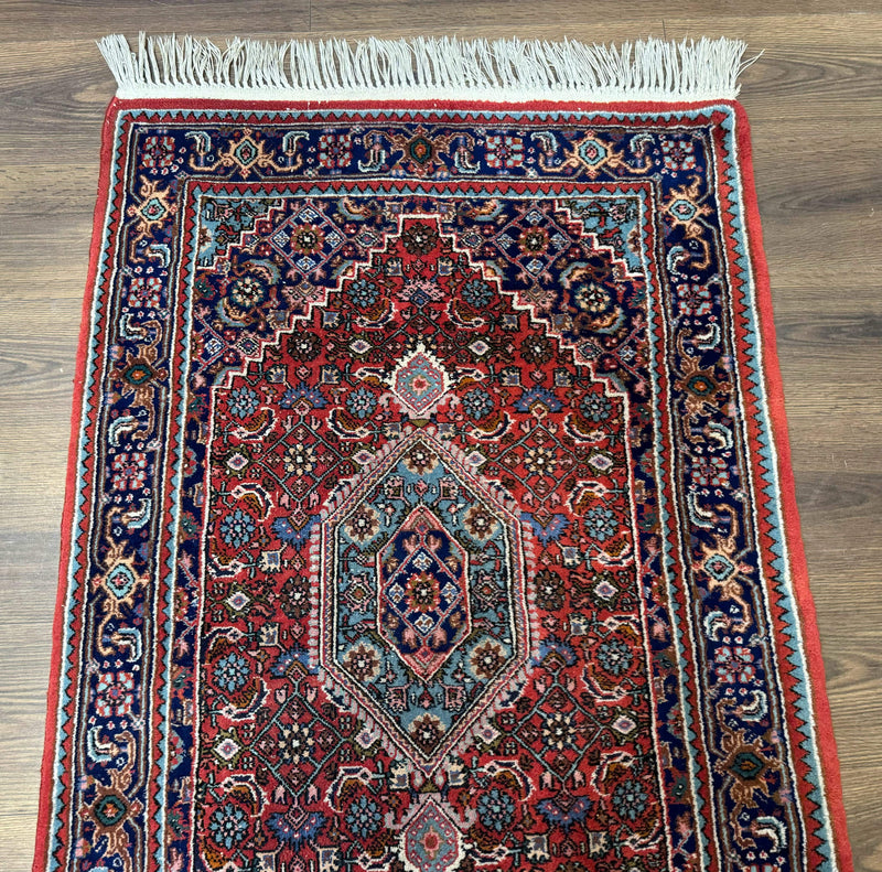 Indo Persian Bidjar Runner Rug 3 x 18.6, Red Navy Blue, Long Runner, Wool Oriental Carpet by Jewel Rugs