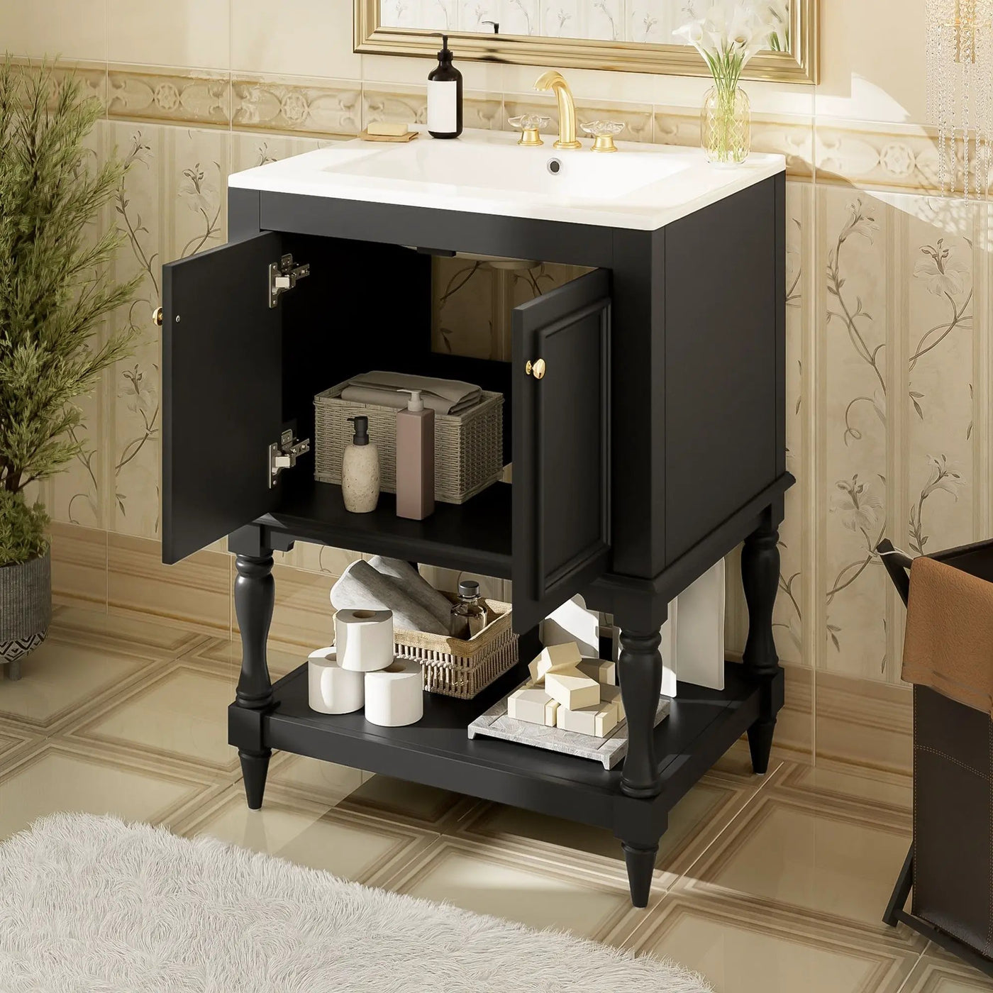 Modern Bathroom Vanity With Sink, Rectangular Cabinet With Open Shelf And Closed Storage by HouseOfZazla