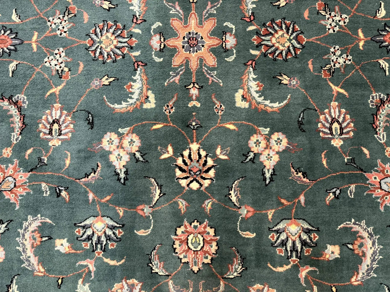Indo Persian Rug 8x10, Green and Beige Oriental Carpet, Traditional Wool Area Rug, Floral Allover Pattern by Jewel Rugs