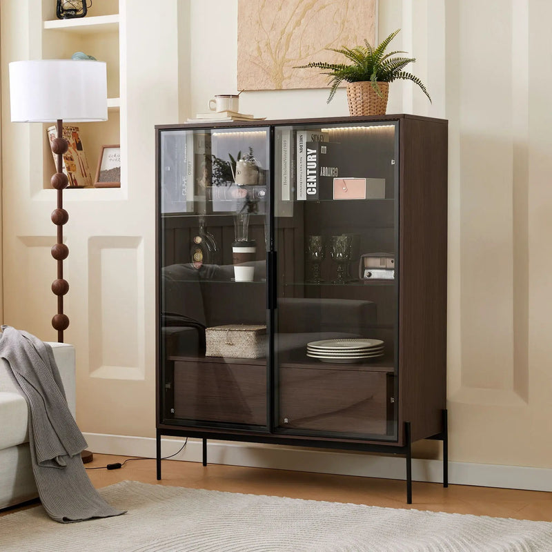 Modern Minimalist Style LED Curio Cabinet With Tempered Glass Door, Metal Legs by Unique Piece Furniture