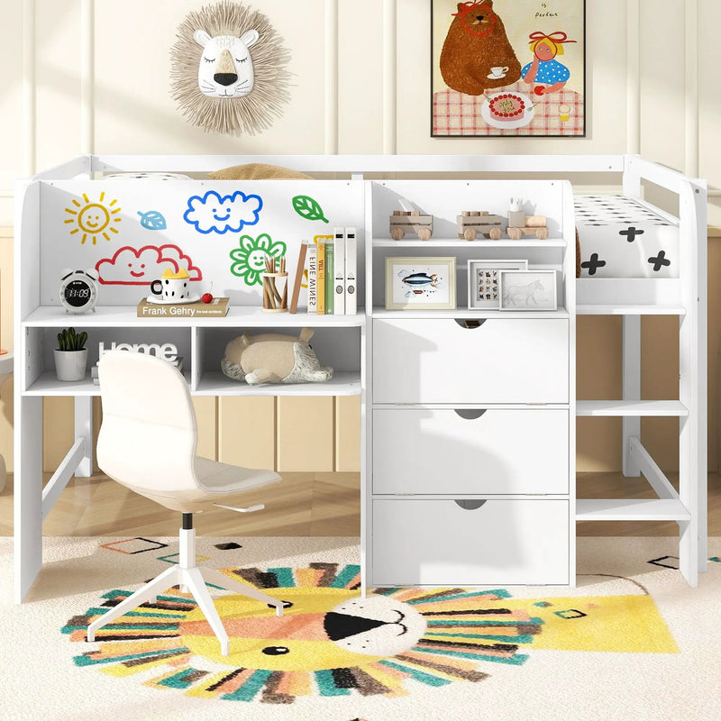 Low Loft Bed With Built In Desk, Storage Cabinets, Open Bookcase And Doodle board by Unique Piece Furniture