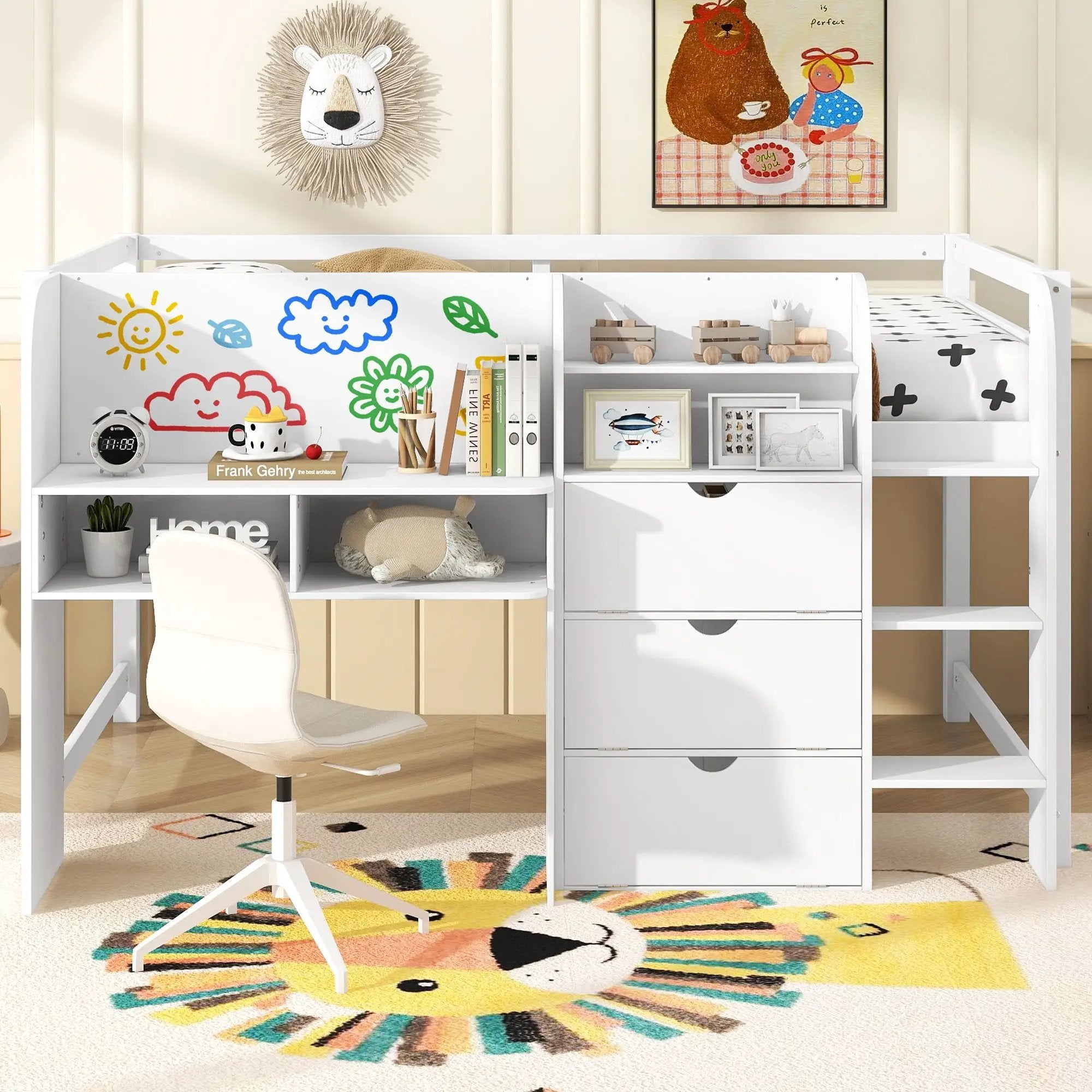 Low Loft Bed With Built In Desk, Storage Cabinets, Open Bookcase And Doodle board by HouseOfZazla