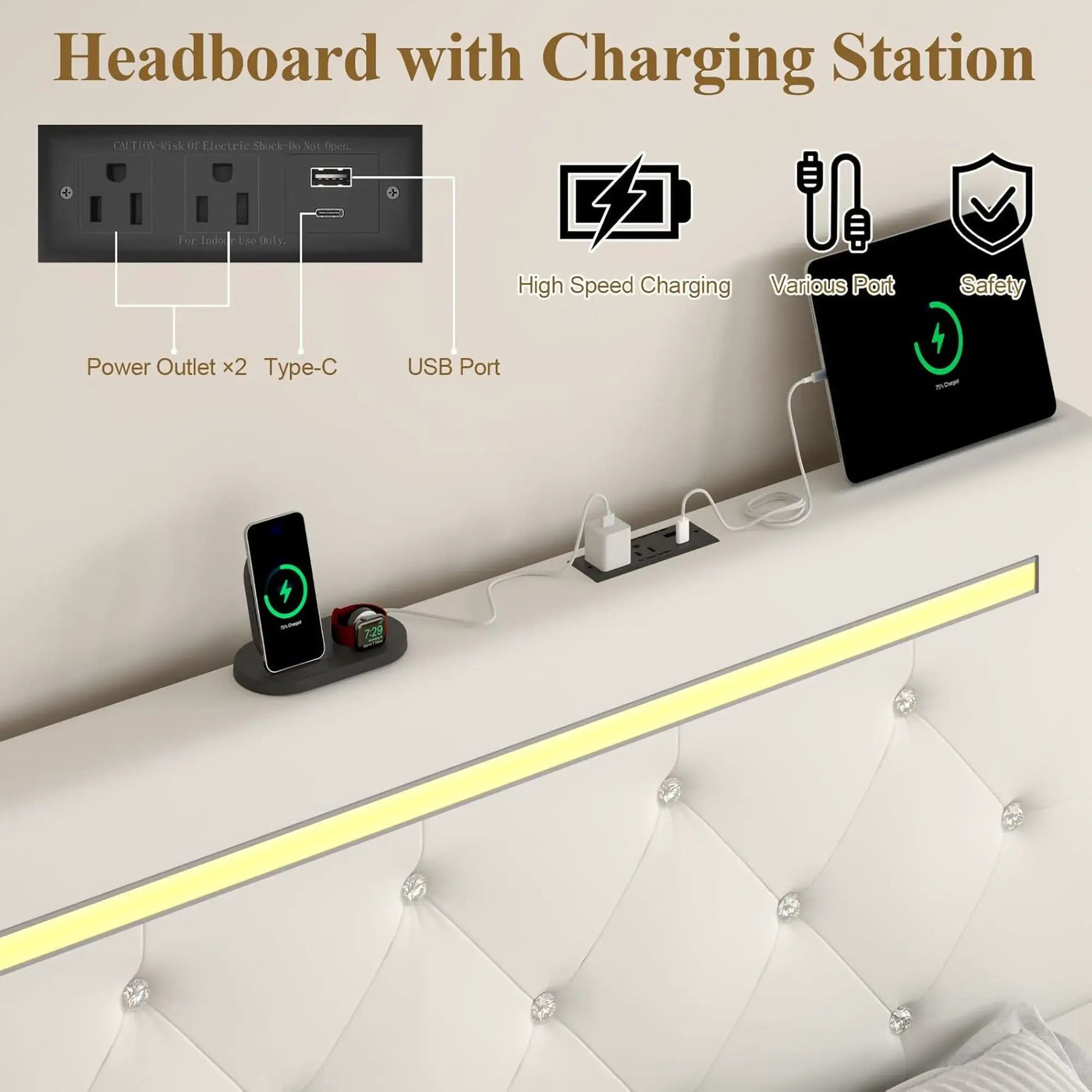Upholstered Bed Frame With LED Lights, 4 Storage Drawers, Charging Station by HouseOfZazla