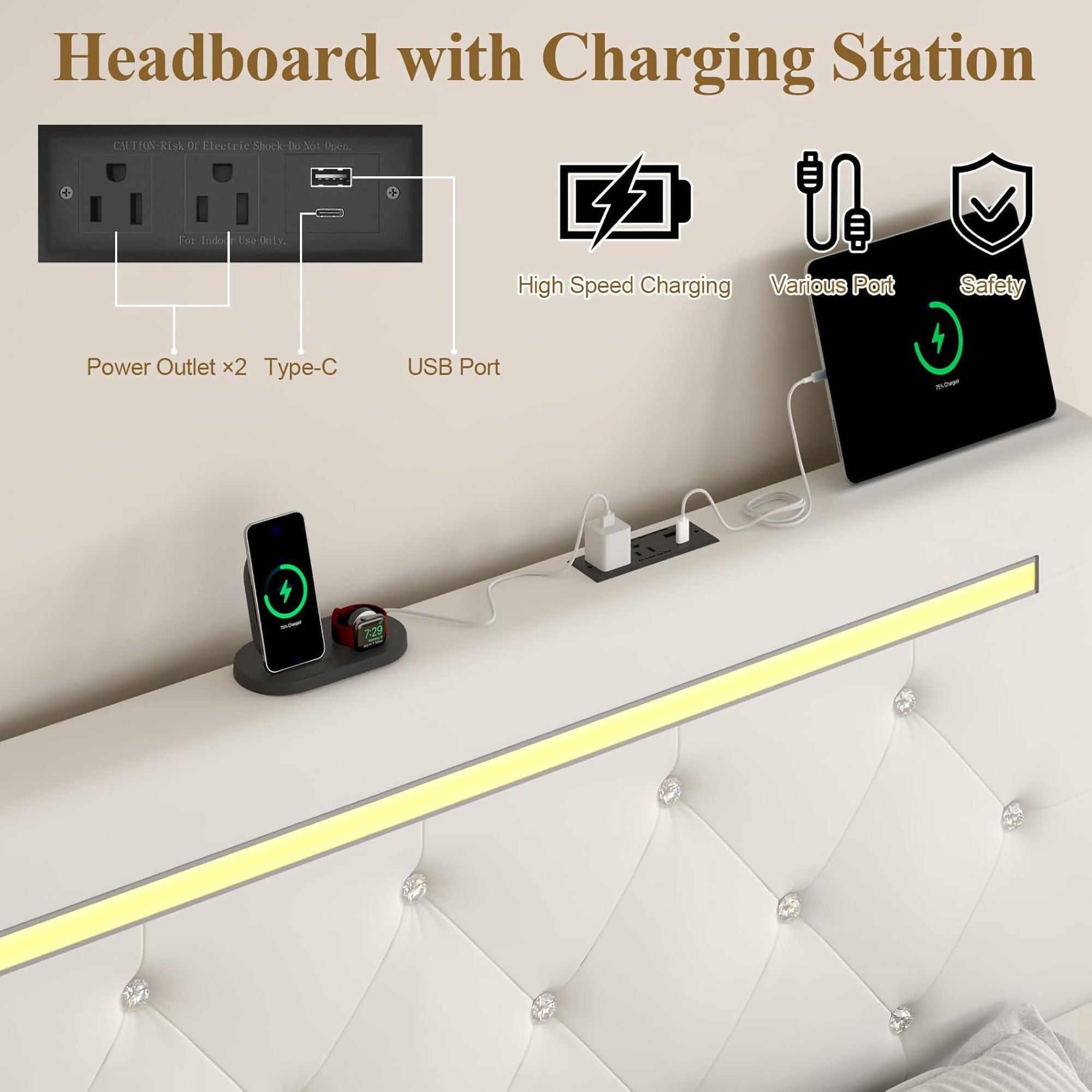 Upholstered Bed Frame With LED Lights, 4 Storage Drawers, Charging Station by HouseOfZazla