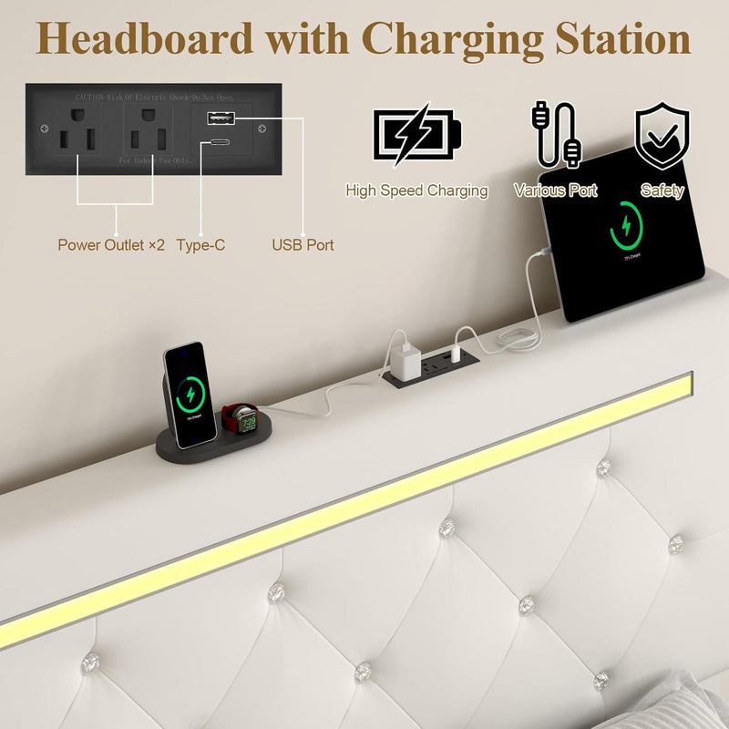 Upholstered Bed Frame With LED Lights, 4 Storage Drawers, Charging Station by HouseOfZazla
