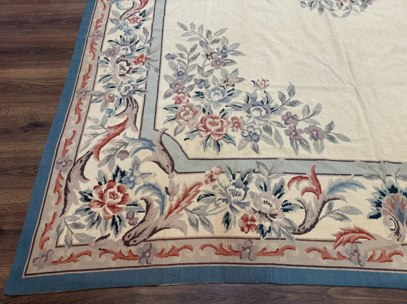 Ivory Needlepoint Rug 8x10, Wool Handmade Carpet by Jewel Rugs