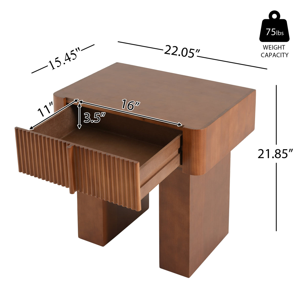 Wood End Table with Drawer with Fluted Front - Walnut, photo 3 of 10