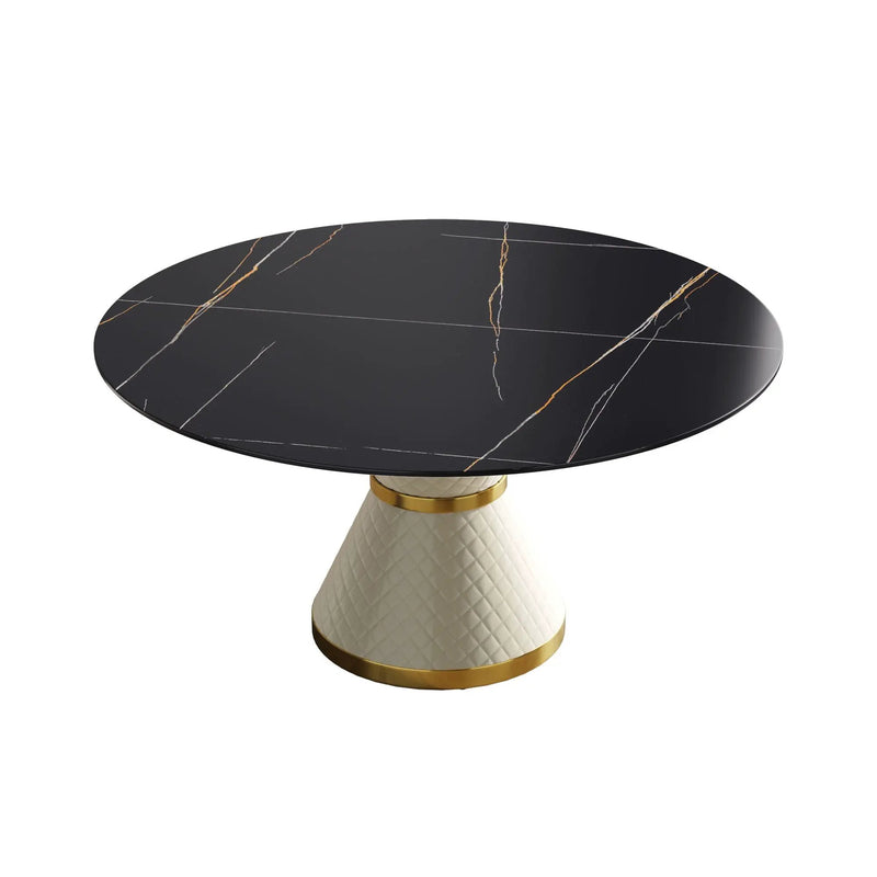 59.05" Modern Artificial Stone Round Carbon Steel Base Dining Table, Can Accommodate 6 People - Black / White by HouseOfZazla