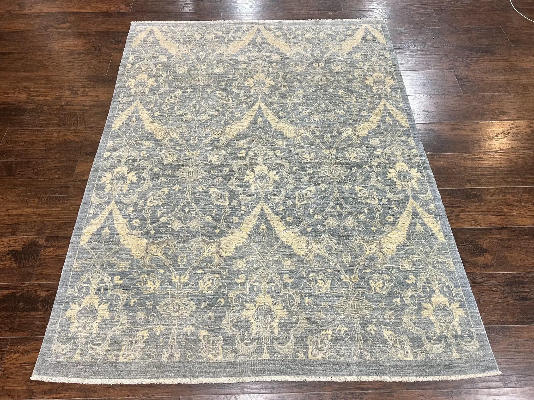 Contemporary Pakistani Rug 5 x 6.6, Handmade Floral Wool Rug, Spanish Pattern by Jewel Rugs