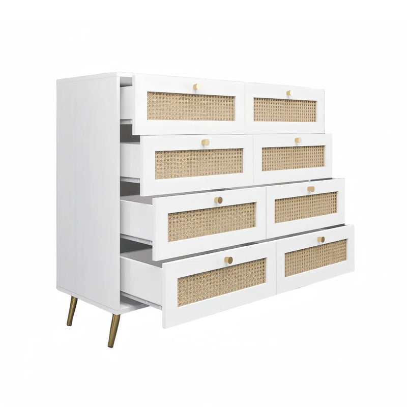 8 Drawers Chest Of Drawers With Rattan Drawer Face Golden Legs And Handles - White by Unique Piece Furniture