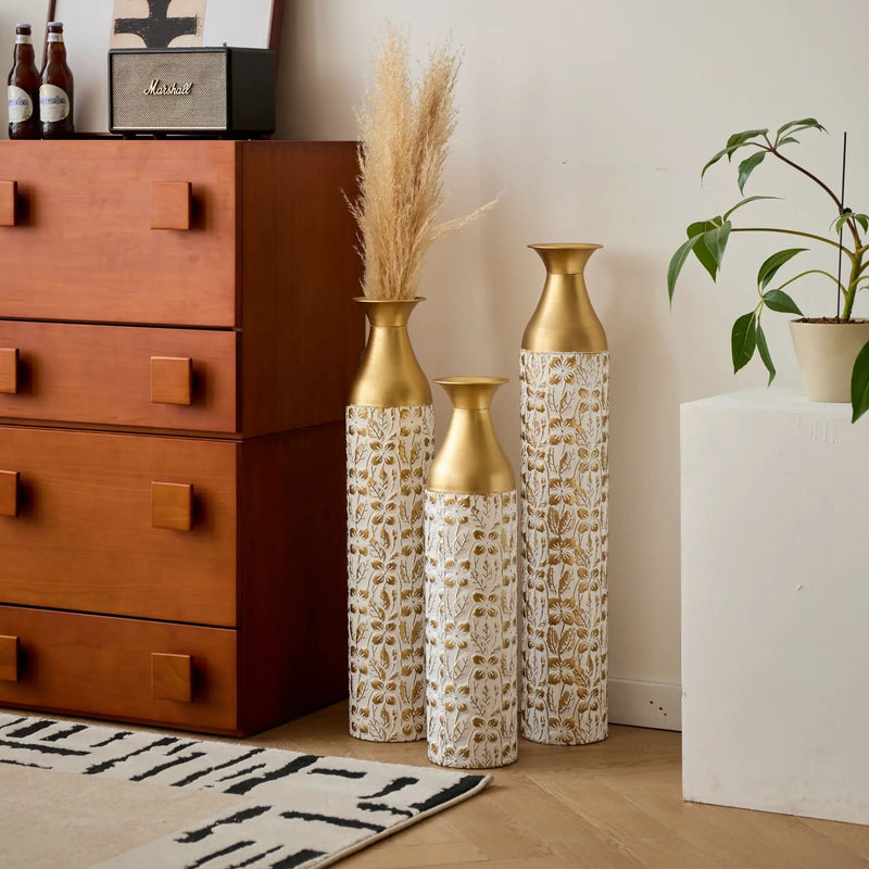 Mother's Day Gift Set Gilded White 3D Relief Flower Metal Vase Set - White / Gold by Unique Piece Furniture