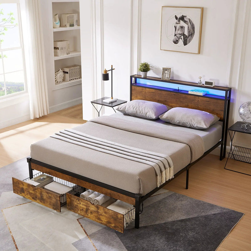 Modern Metal Platform Bed Frame With Wooden Headboard And Footboard, USB Charging Station, LED Lights, 2 Drawers by Unique Piece Furniture